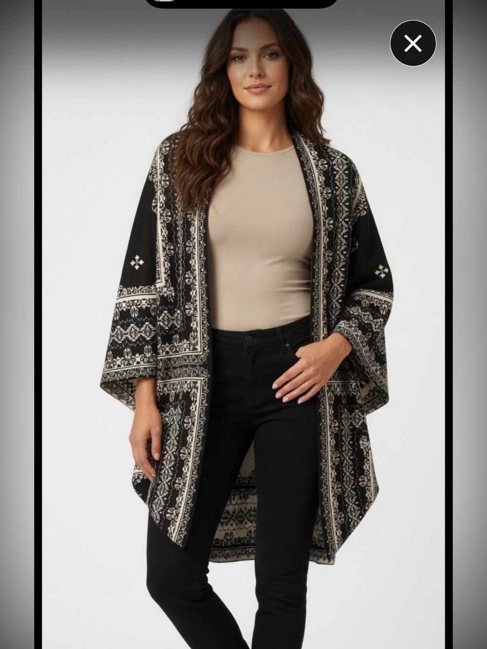 Romeo & Juliet Couture Black Cream Geometric Shawl Cardigan Open Front Medium